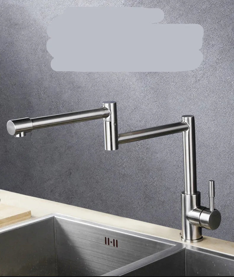 Silver stainless steel kitchen tap with 360-degree rotating spout and dual hot and cold controls