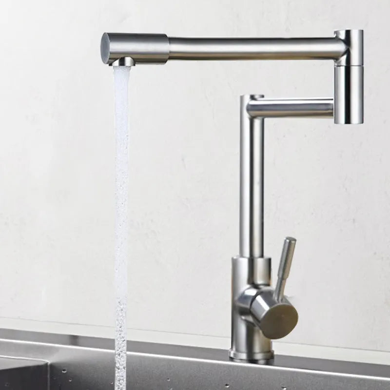 Silver stainless steel kitchen tap with 360-degree rotating spout and dual hot and cold controls