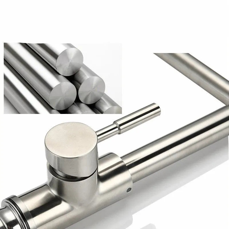 Silver stainless steel kitchen tap with 360-degree rotating spout and dual hot and cold controls