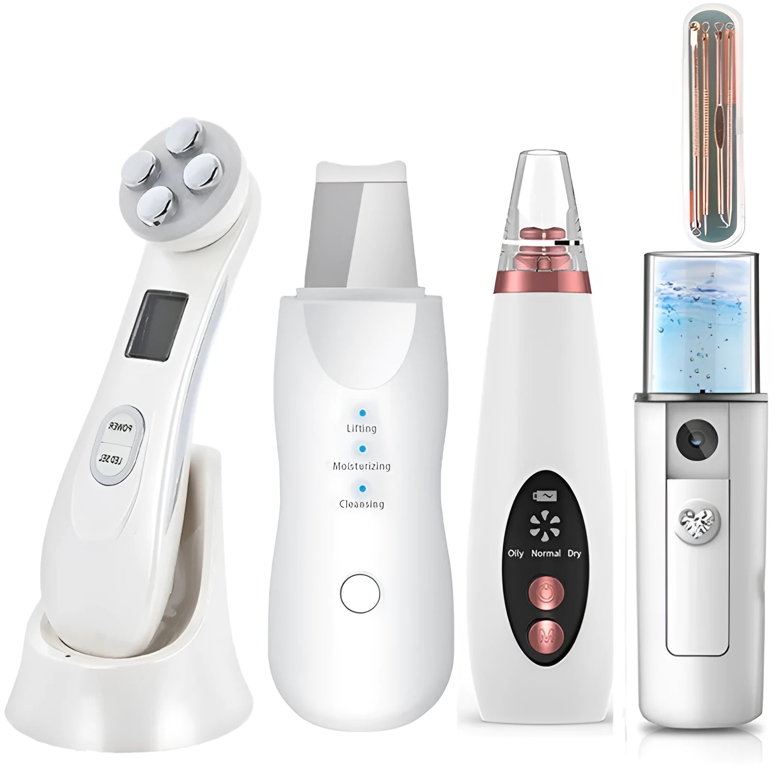 White multi-functional facial beauty instrument with LED colour light, acne needle, blackhead suction and shoveling machine attachments on table