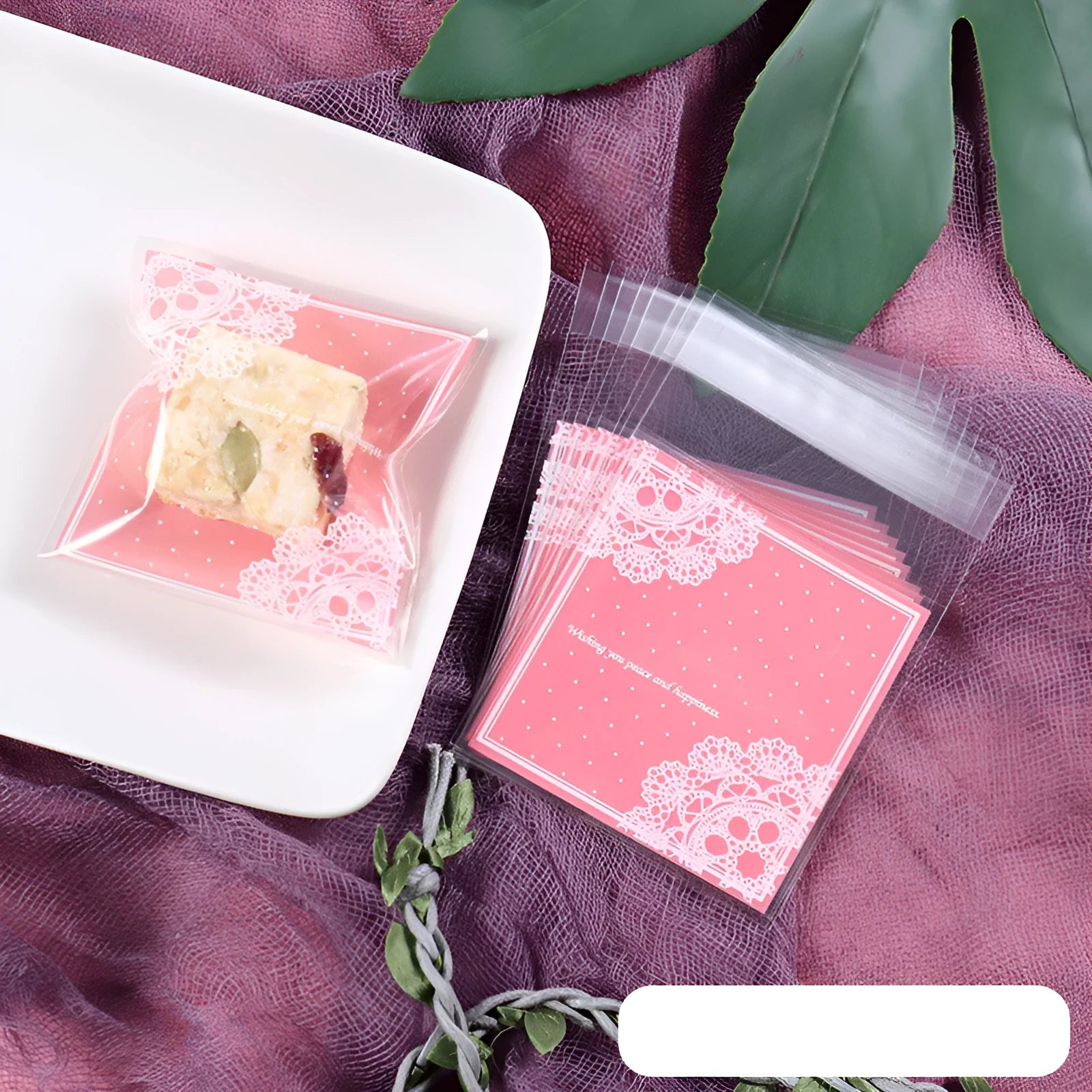 Pink self-adhesive plastic packaging bag showing UV printing and adhesive strip closure
