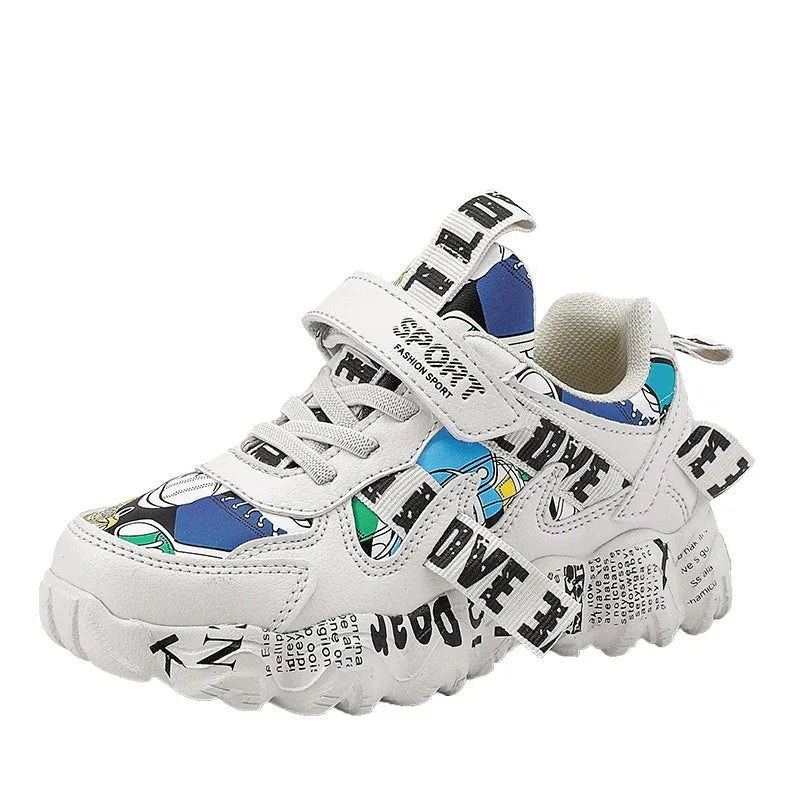 Boys' beige blue and white red Velcro sports sneakers with rubber soles on a white background.