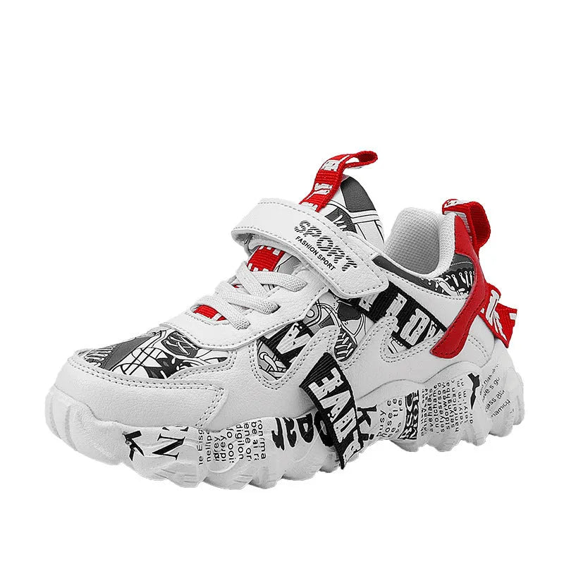 Boys' beige blue and white red Velcro sports sneakers with rubber soles on a white background.