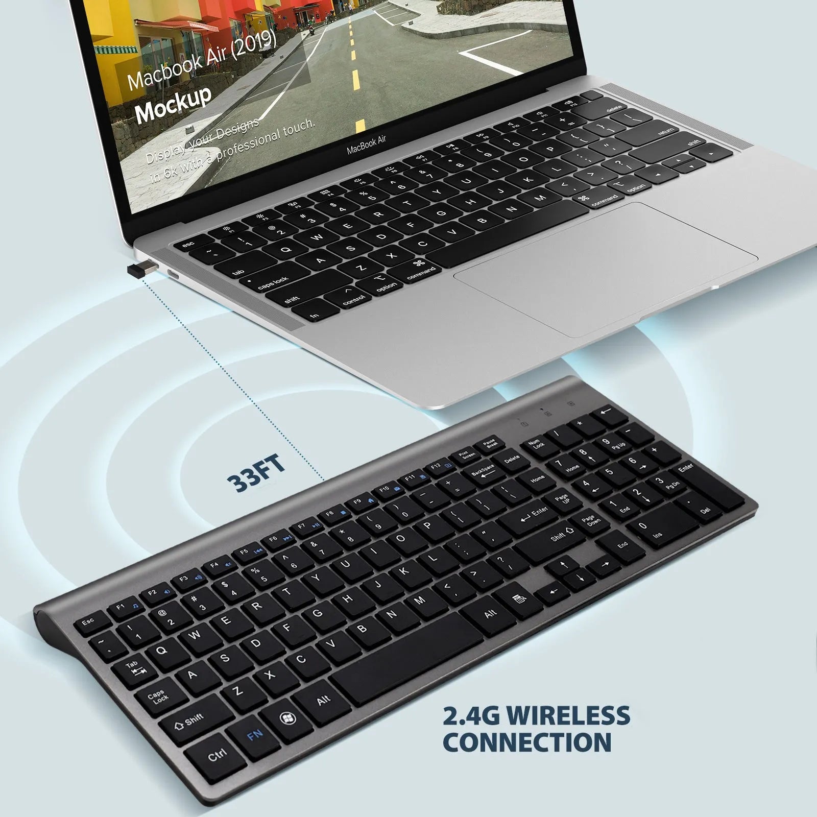 Wireless keyboard mini silent ultra-thin 104-key iron grey with Nano USB receiver stored on back
