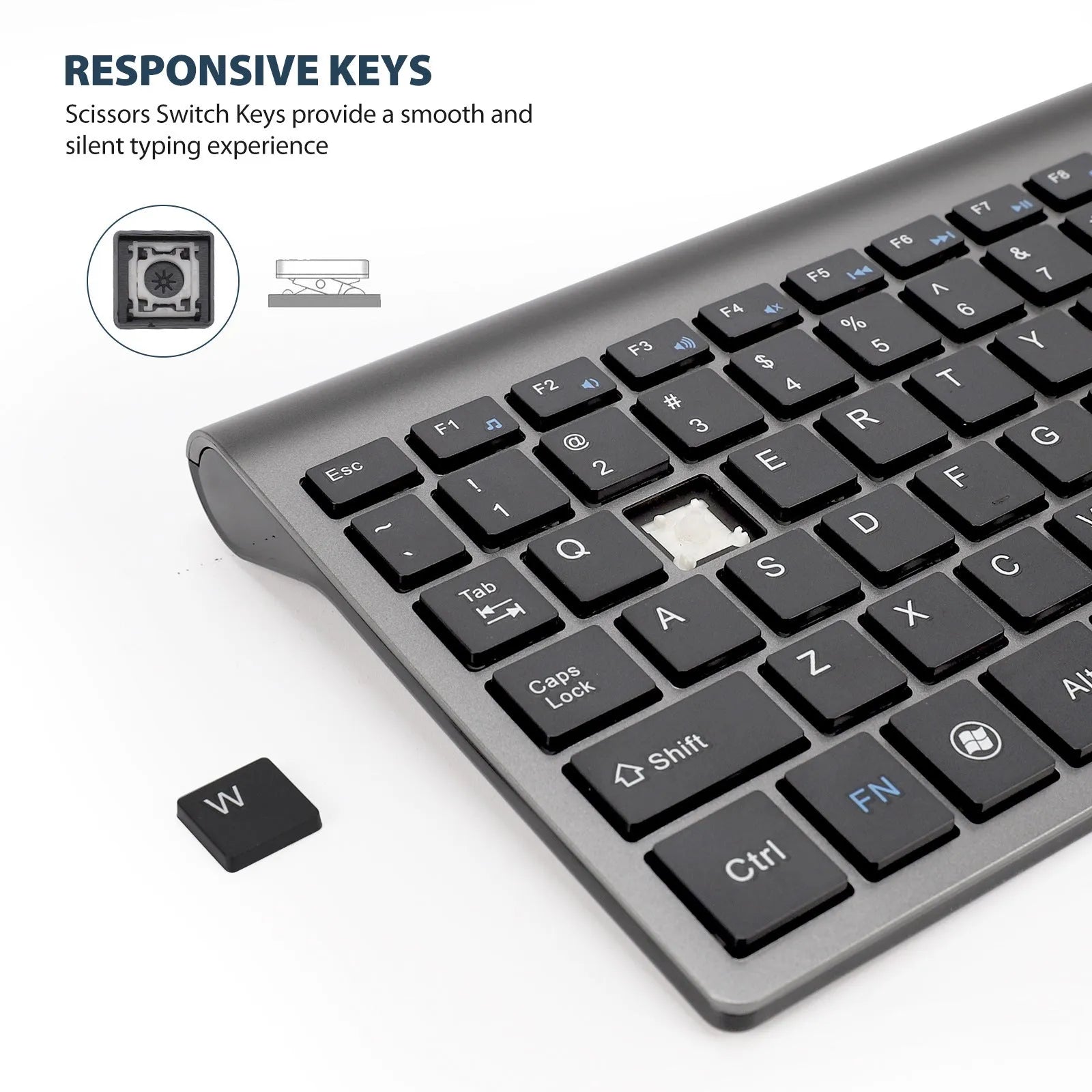 Wireless keyboard mini silent ultra-thin 104-key iron grey with Nano USB receiver stored on back