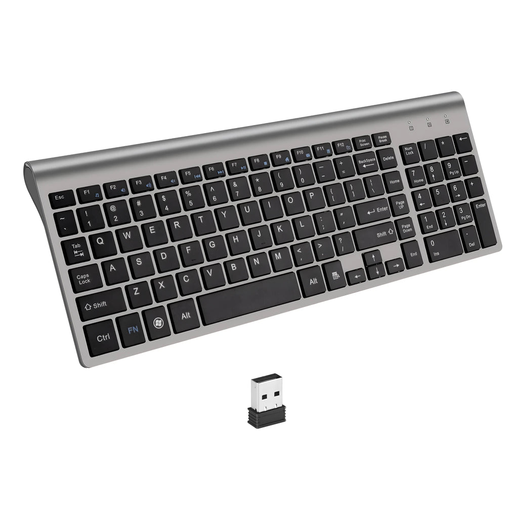 Wireless keyboard mini silent ultra-thin 104-key iron grey with Nano USB receiver stored on back