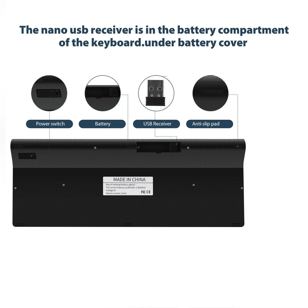 Wireless keyboard mini silent ultra-thin 104-key iron grey with Nano USB receiver stored on back