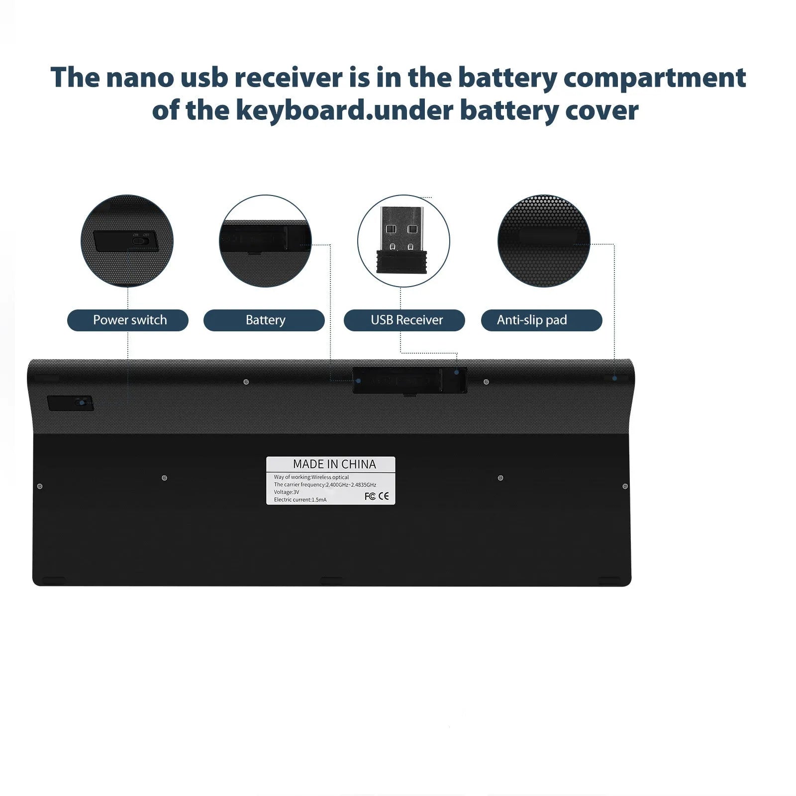 Wireless keyboard mini silent ultra-thin 104-key iron grey with Nano USB receiver stored on back