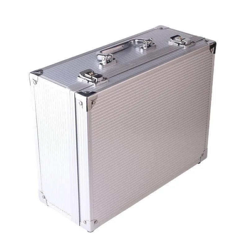 Black and silver aluminium alloy tattoo equipment storage box with handle and secure latch.