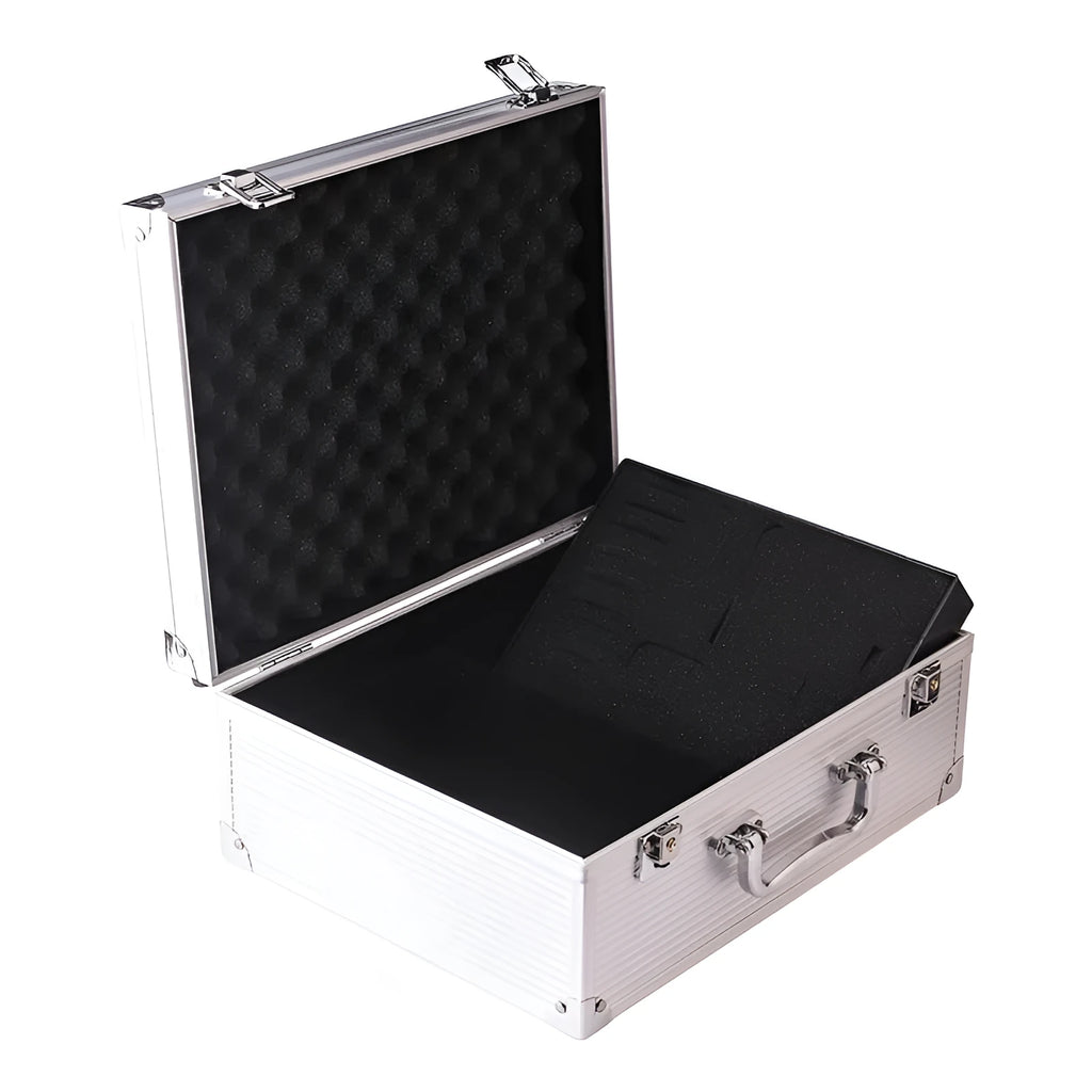 Black and silver aluminium alloy tattoo equipment storage box with handle and secure latch.