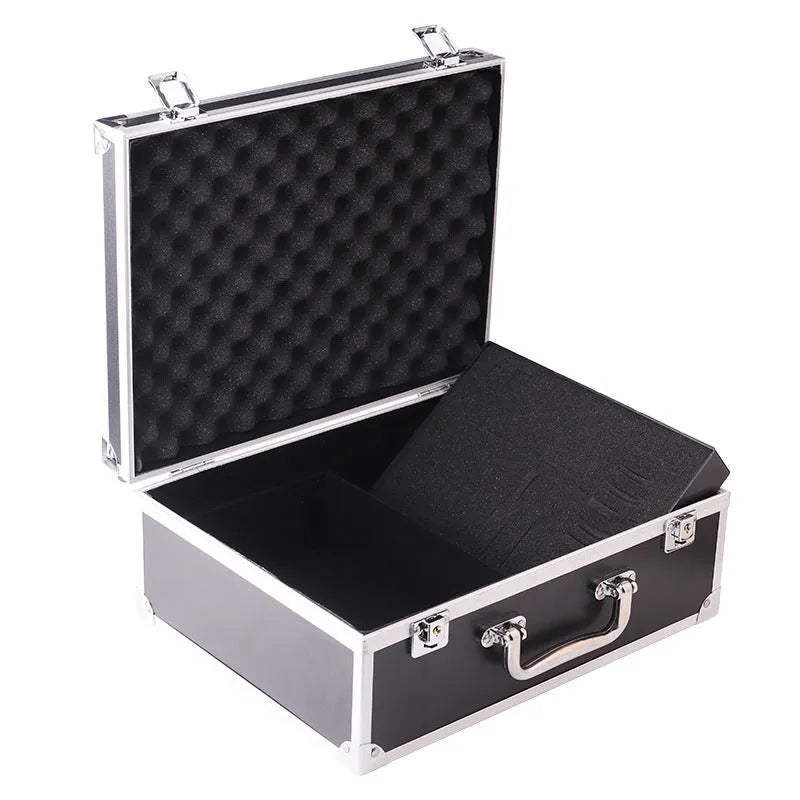 Black and silver aluminium alloy tattoo equipment storage box with handle and secure latch.
