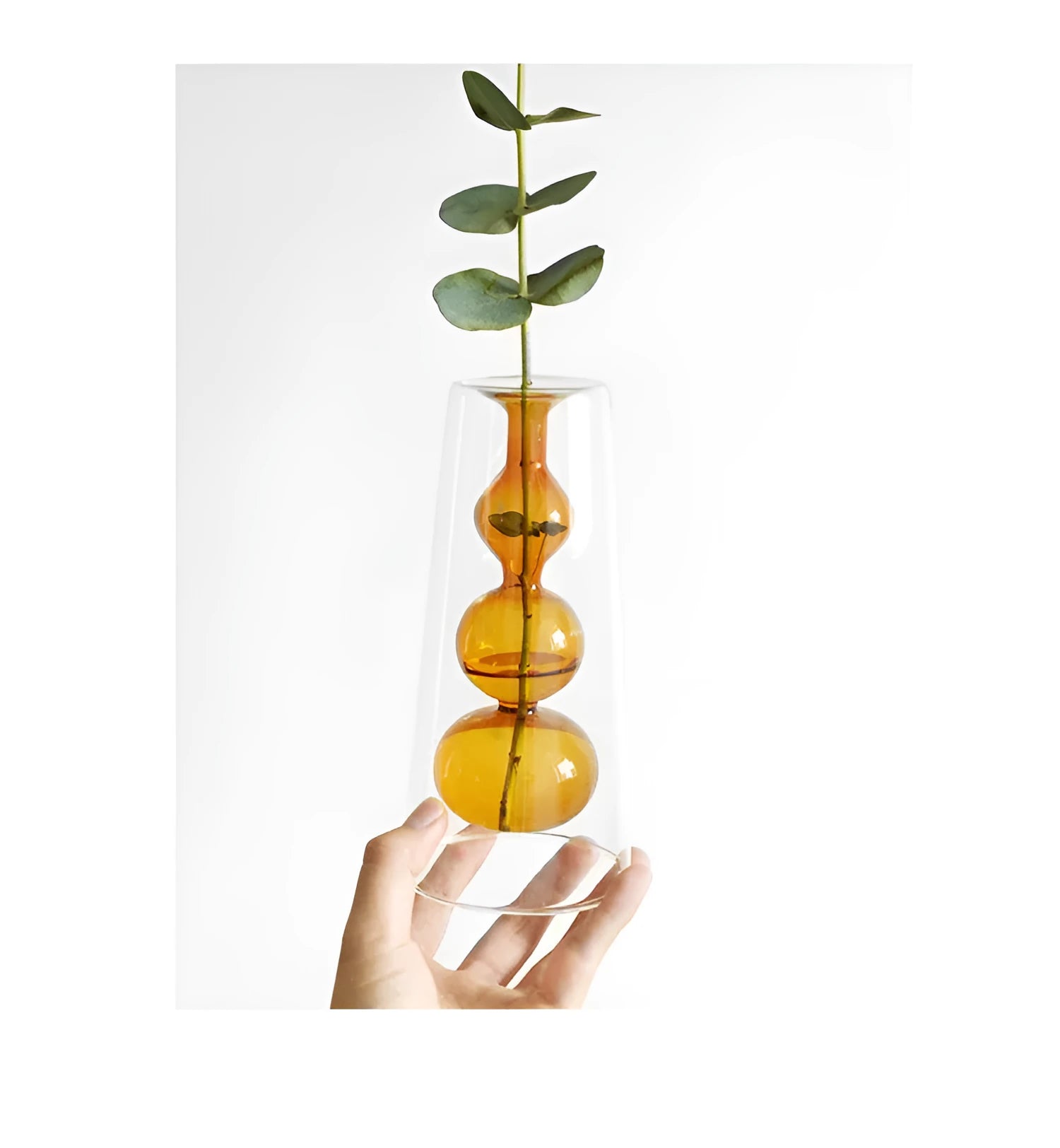 Retro stained glass gourd vase in green with artificial flower, Nordic style