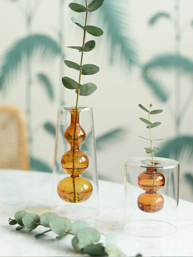 Retro stained glass gourd vase in green with artificial flower, Nordic style