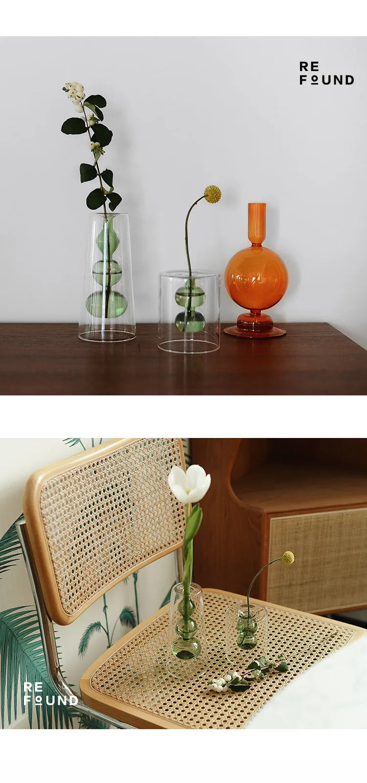Retro stained glass gourd vase in green with artificial flower, Nordic style