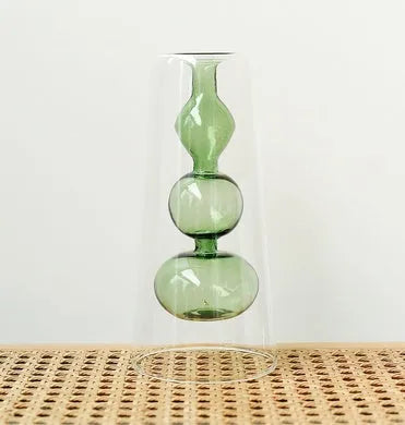 Retro stained glass gourd vase in green with artificial flower, Nordic style