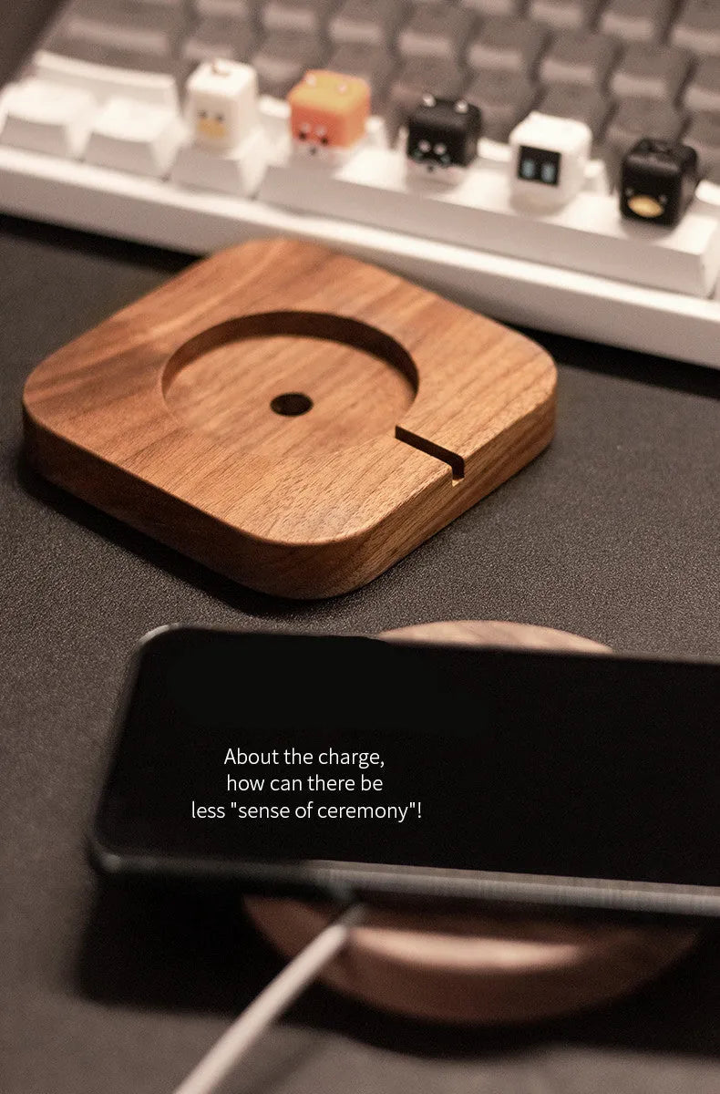 Walnut solid wood magnetic wireless charging bracket with protective cover on desktop