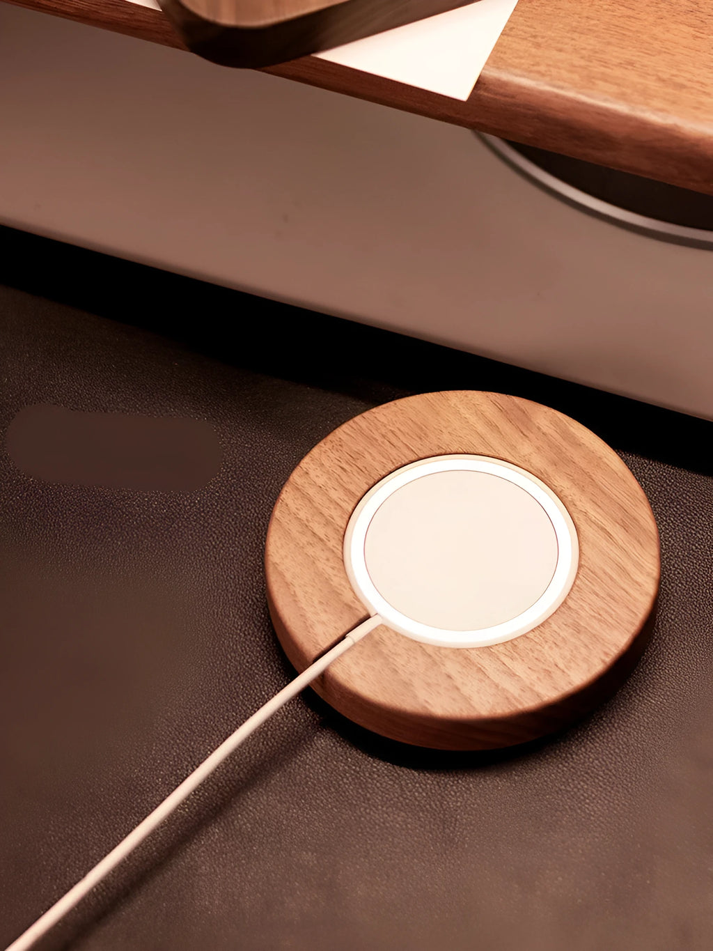 Walnut solid wood magnetic wireless charging bracket with protective cover on desktop