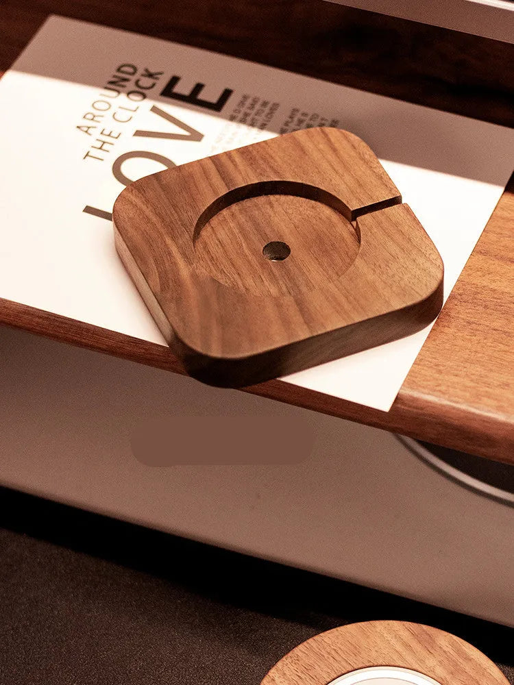 Walnut solid wood magnetic wireless charging bracket with protective cover on desktop