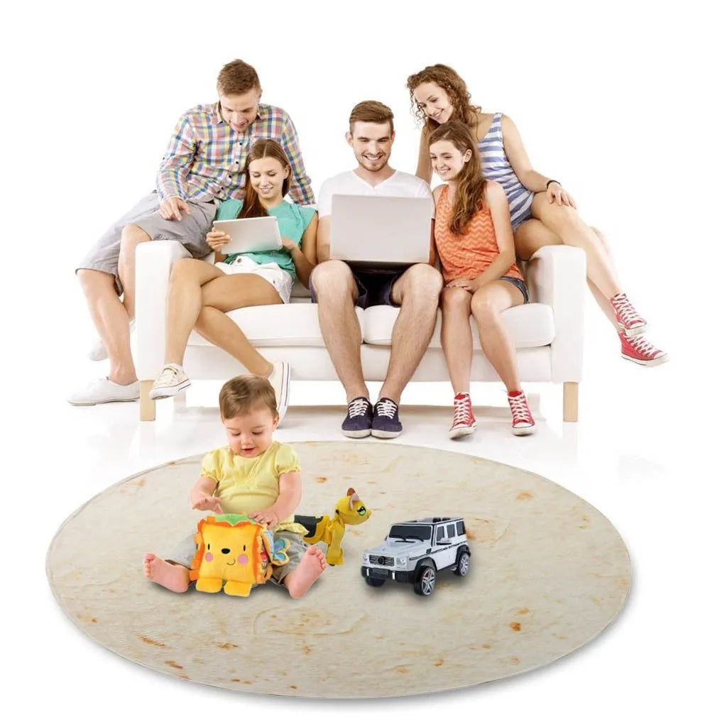 Round flannel burrito blanket with food-themed printing, shown in coral fleece fabric.