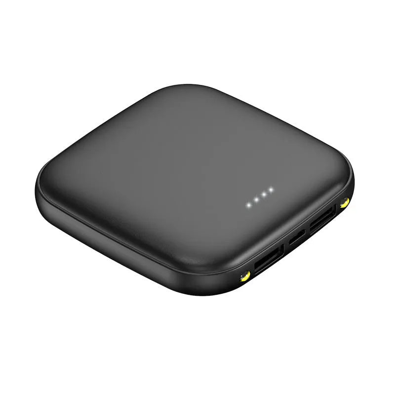 20000 mAh mini power bank with LED flashlight in plastic case showing black, blue, pink, white colour options