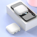 20000 mAh mini power bank with LED flashlight in plastic case showing black, blue, pink, white colour options