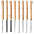 High-end 8-piece woodturning chisel set mounted in a wooden storage box.