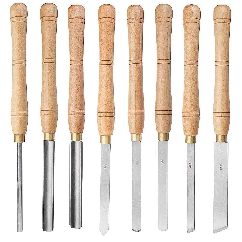 High-end 8-piece woodturning chisel set mounted in a wooden storage box.