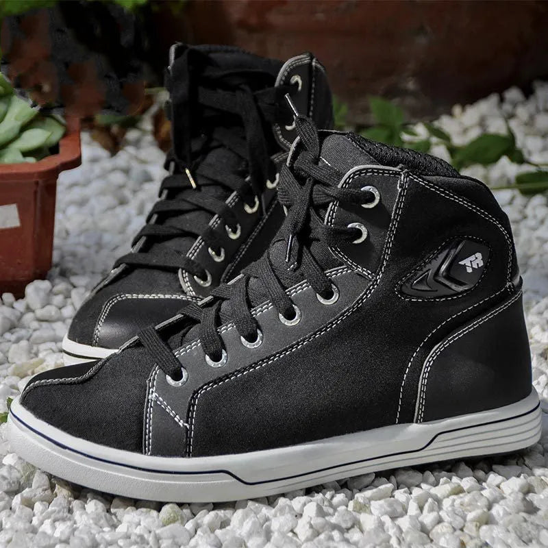 Motorcycle casual short boots for men in black or grey, showing breathable summer design and non-slip sole.