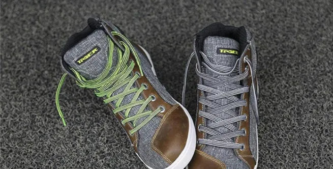 Motorcycle casual short boots for men in black or grey, showing breathable summer design and non-slip sole.