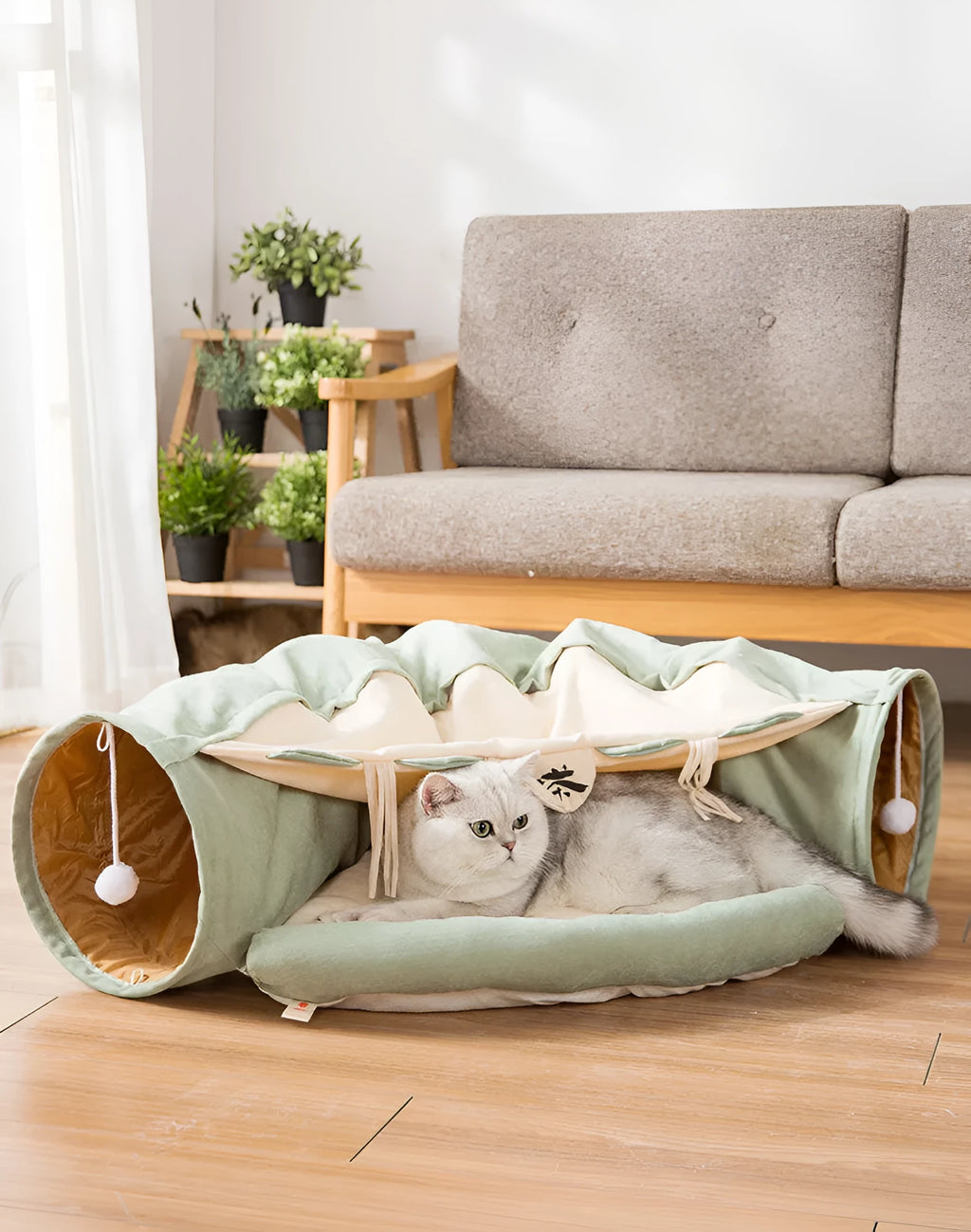 Collapsible cloth cat tunnel in four colour options showing 45cm by 50cm dimensions