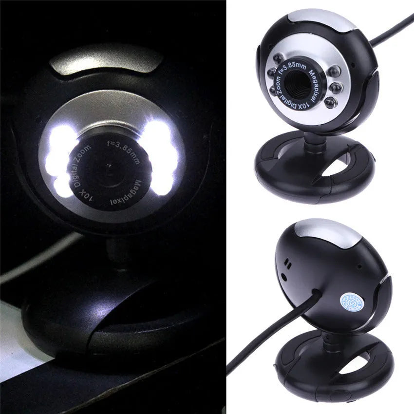 USB web camera with six white LED lights around the lens for night vision video calls