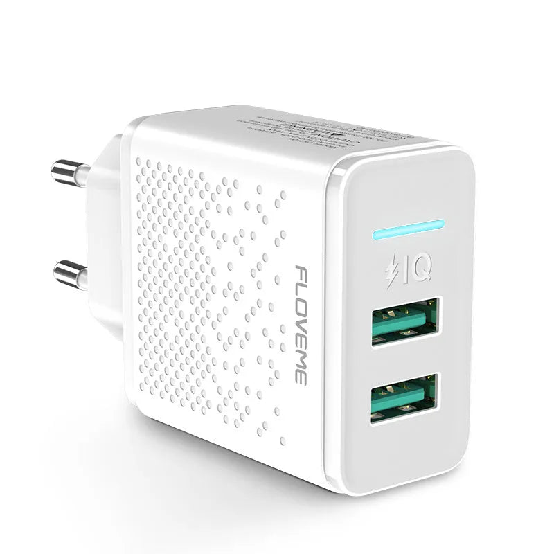 Black and white dual USB port wall charger with EU standard plug for charging phones and tablets
