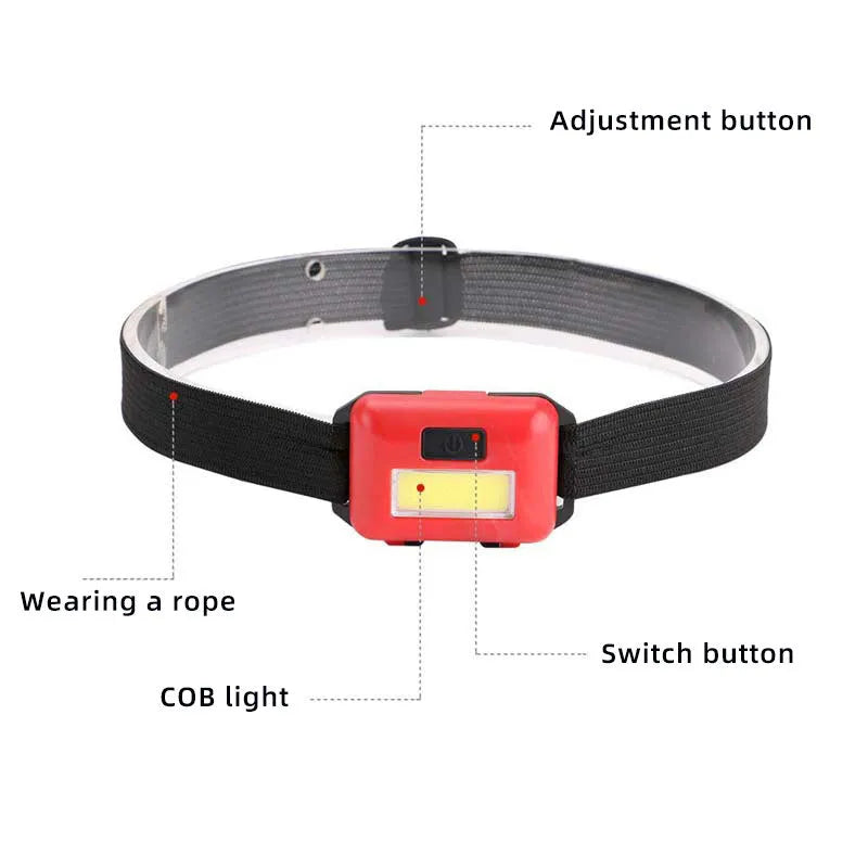 Black, blue, and red mini LED headlight with headband, shown with AAA batteries for scale.