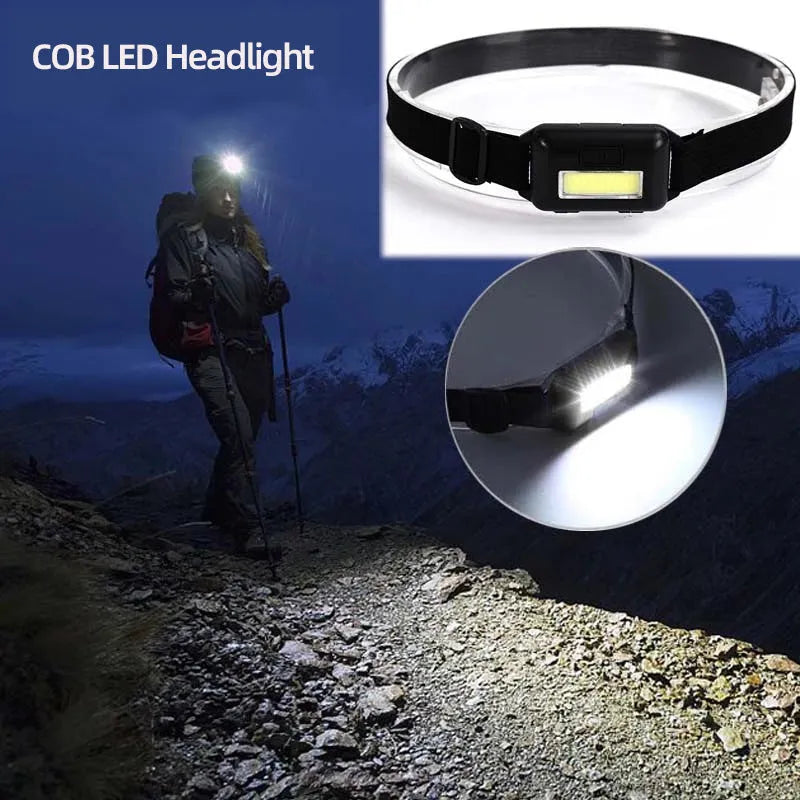 Black, blue, and red mini LED headlight with headband, shown with AAA batteries for scale.