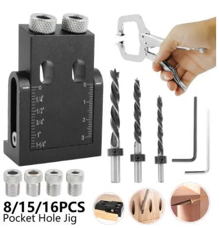 Black aluminium alloy woodworking perforation locator tool with drill bits for dowel and biscuit joints.