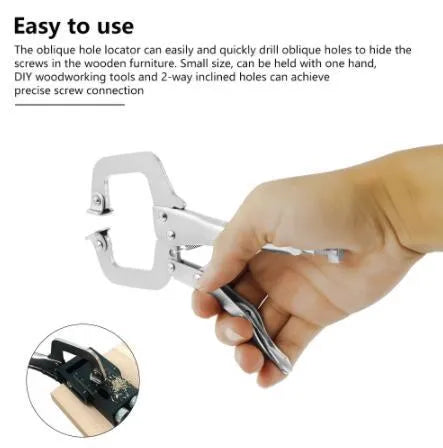 Black aluminium alloy woodworking perforation locator tool with drill bits for dowel and biscuit joints.
