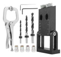 Black aluminium alloy woodworking perforation locator tool with drill bits for dowel and biscuit joints.