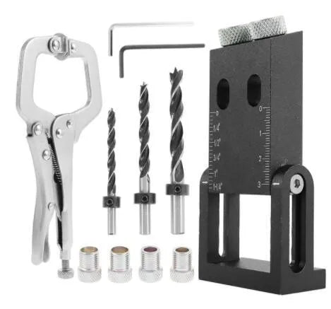 Black aluminium alloy woodworking perforation locator tool with drill bits for dowel and biscuit joints.