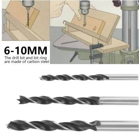 Black aluminium alloy woodworking perforation locator tool with drill bits for dowel and biscuit joints.