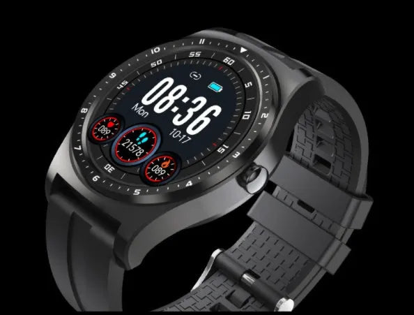 Full Circle smart watch with zinc alloy case and silicone strap showing heart rate and sleep monitoring features in black green and red