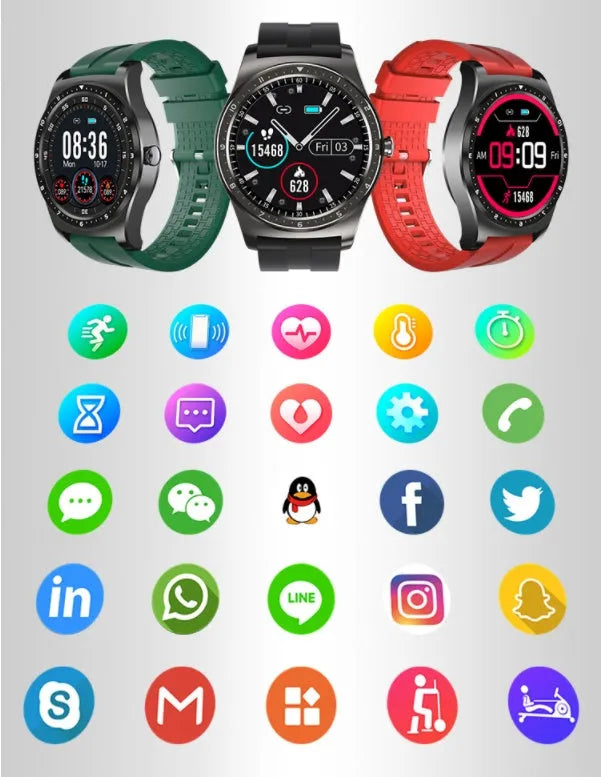Full Circle smart watch with zinc alloy case and silicone strap showing heart rate and sleep monitoring features in black green and red