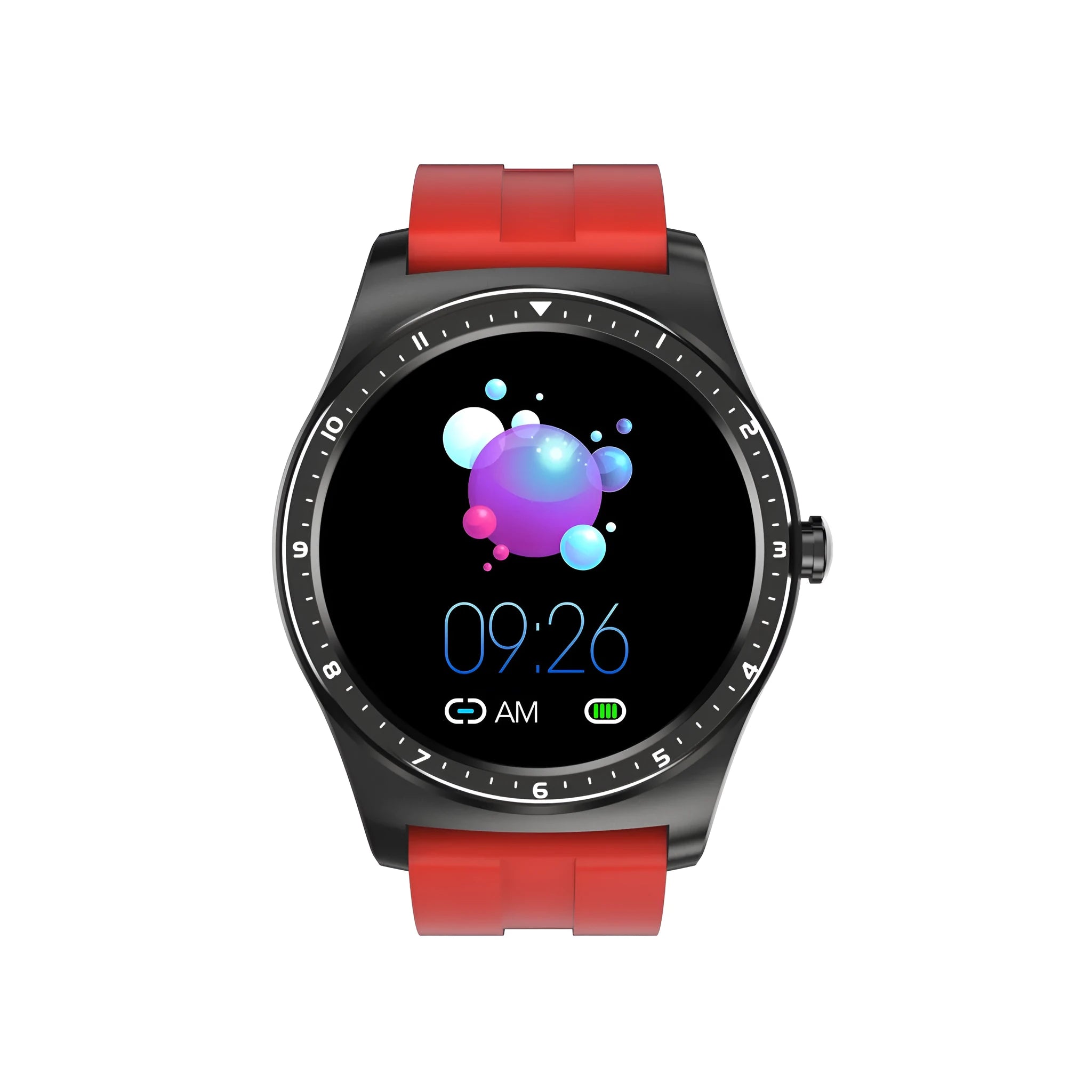 Full Circle smart watch with zinc alloy case and silicone strap showing heart rate and sleep monitoring features in black green and red