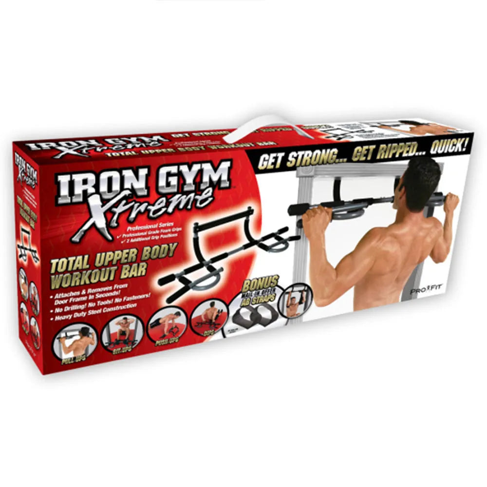 Black steel wall-mounted pull-up bar with tension bar attached, showing its compact frame dimensions.