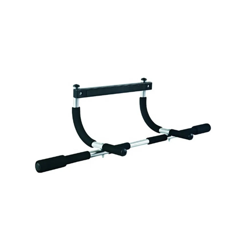 Black steel wall-mounted pull-up bar with tension bar attached, showing its compact frame dimensions.