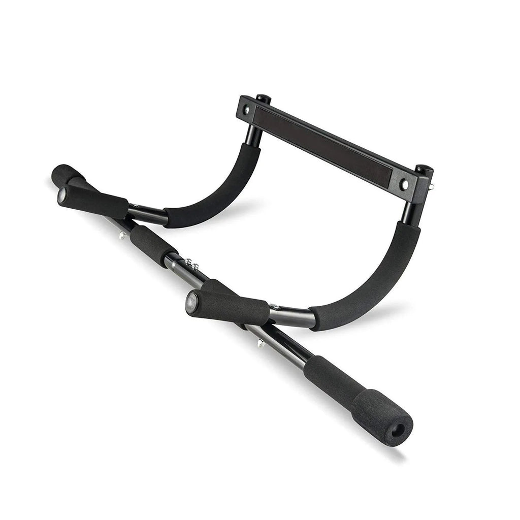 Black steel wall-mounted pull-up bar with tension bar attached, showing its compact frame dimensions.