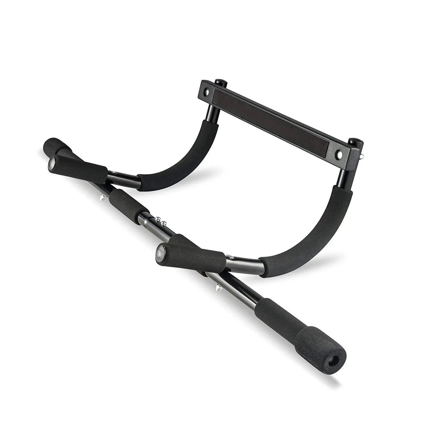 Black steel wall-mounted pull-up bar with tension bar attached, showing its compact frame dimensions.