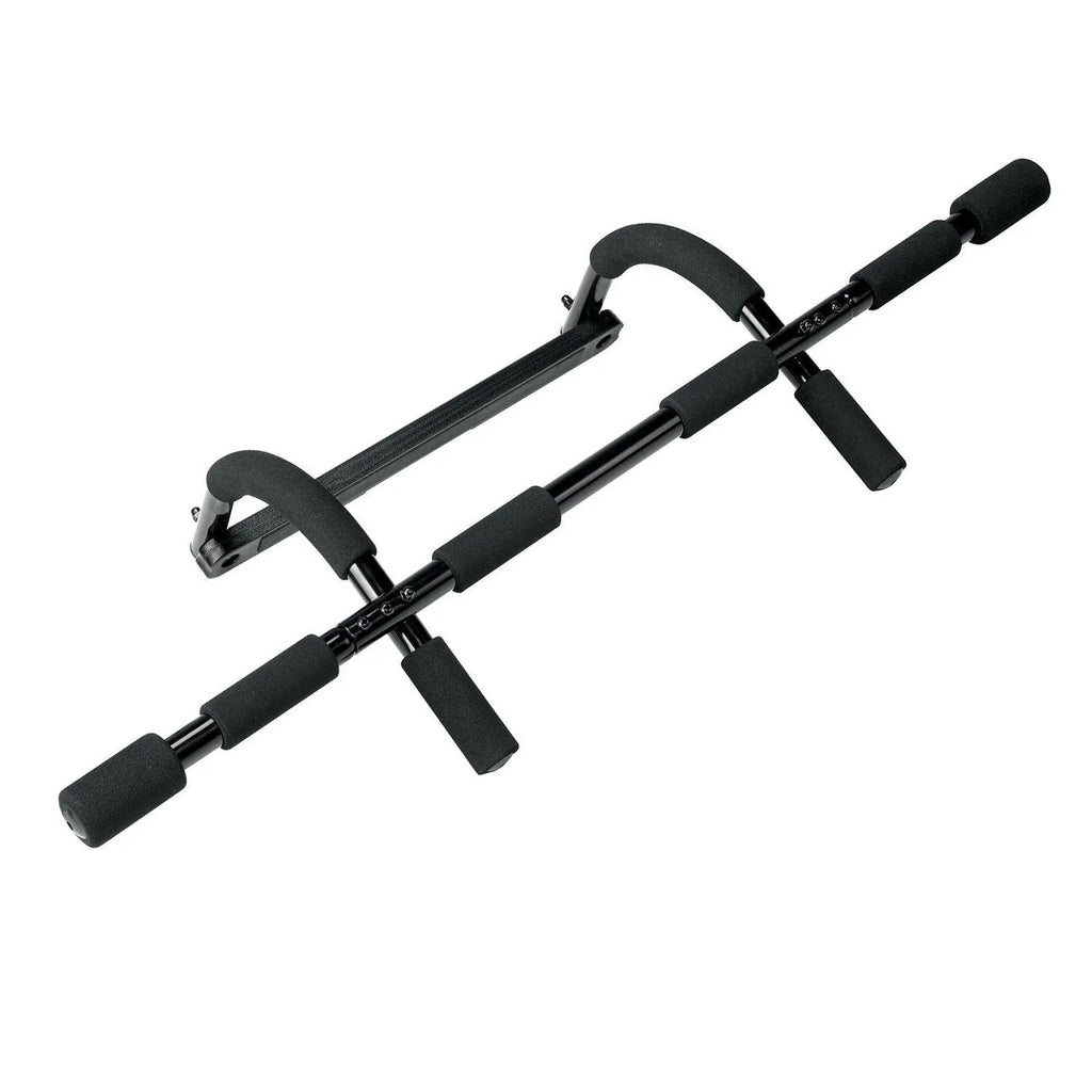 Black steel wall-mounted pull-up bar with tension bar attached, showing its compact frame dimensions.