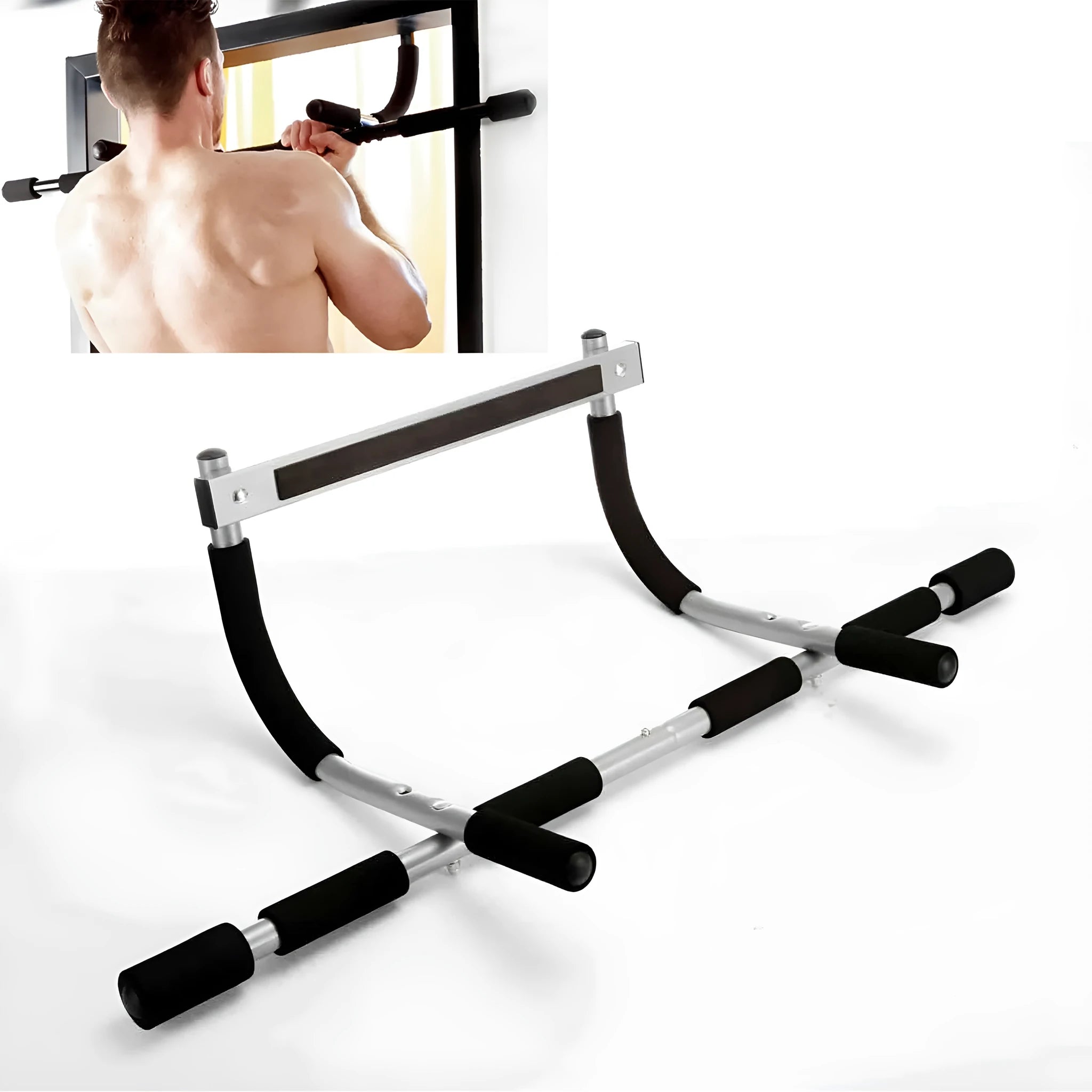Black steel wall-mounted pull-up bar with tension bar attached, showing its compact frame dimensions.