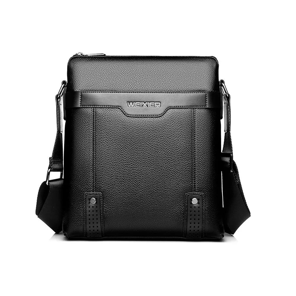 Black PU leather men's square shoulder bag with a zipper and adjustable strap.