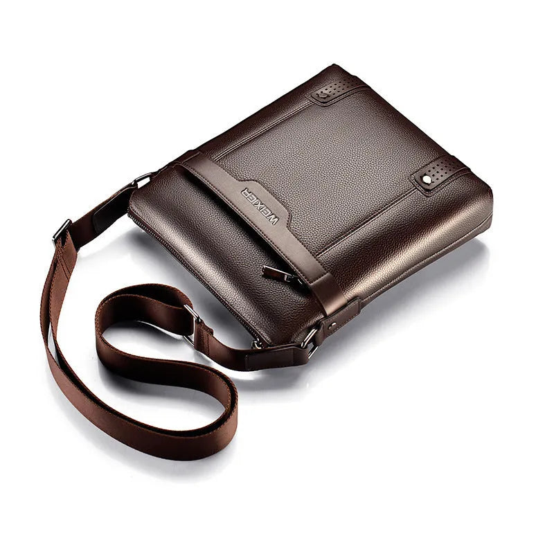 Black PU leather men's square shoulder bag with a zipper and adjustable strap.